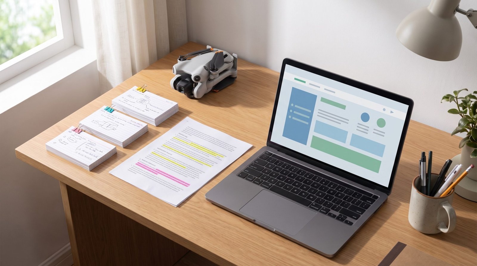 Mesa de estudos com fichas organizadas, notebook e drone dobrado