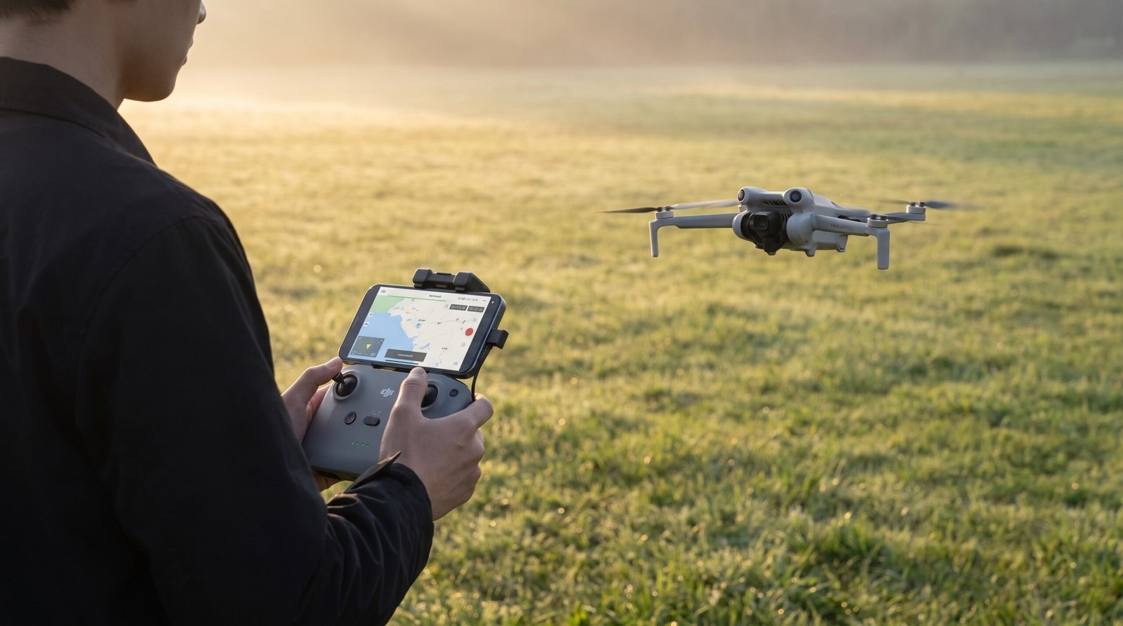 Piloto com controle em campo aberto e drone pequeno voando proximo