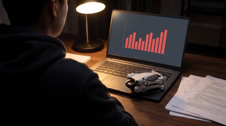 Pessoa diante do notebook a noite com grafico vermelho e drone dobrado ao lado