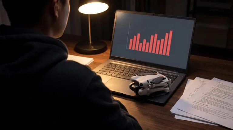 Pessoa diante do notebook a noite com grafico vermelho e drone dobrado ao lado