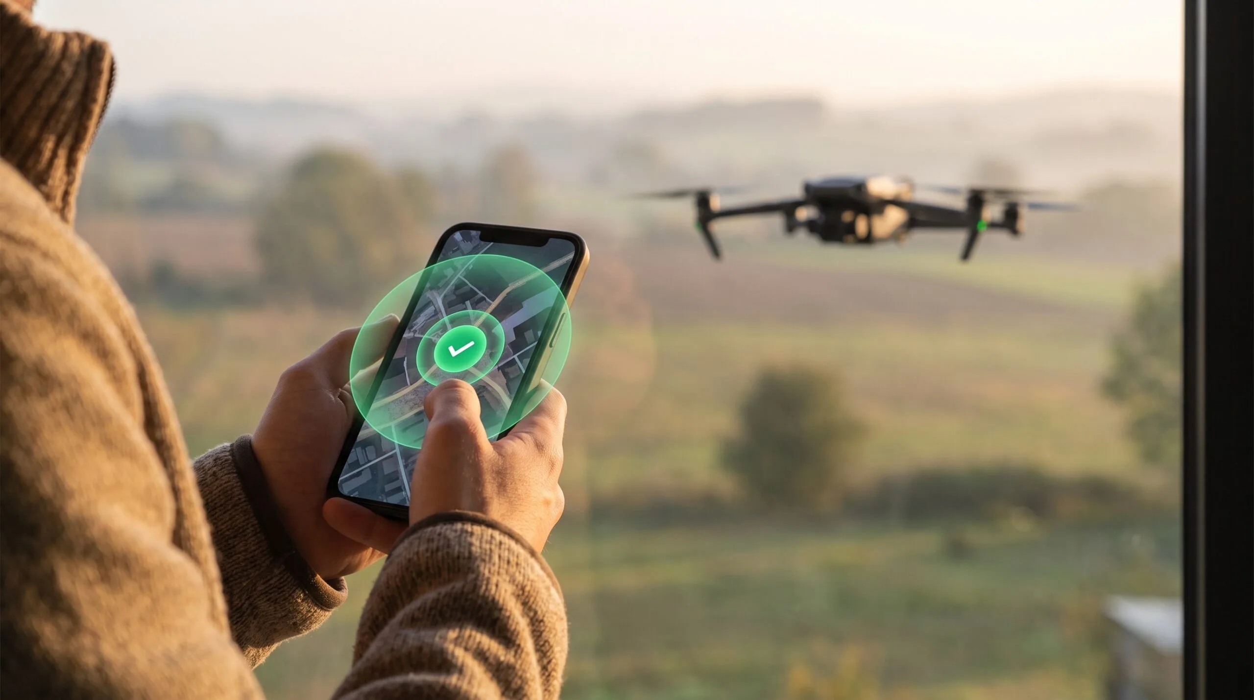 Piloto conferindo no celular o selo verde de aprovação do voo de drone, com área circular no mapa