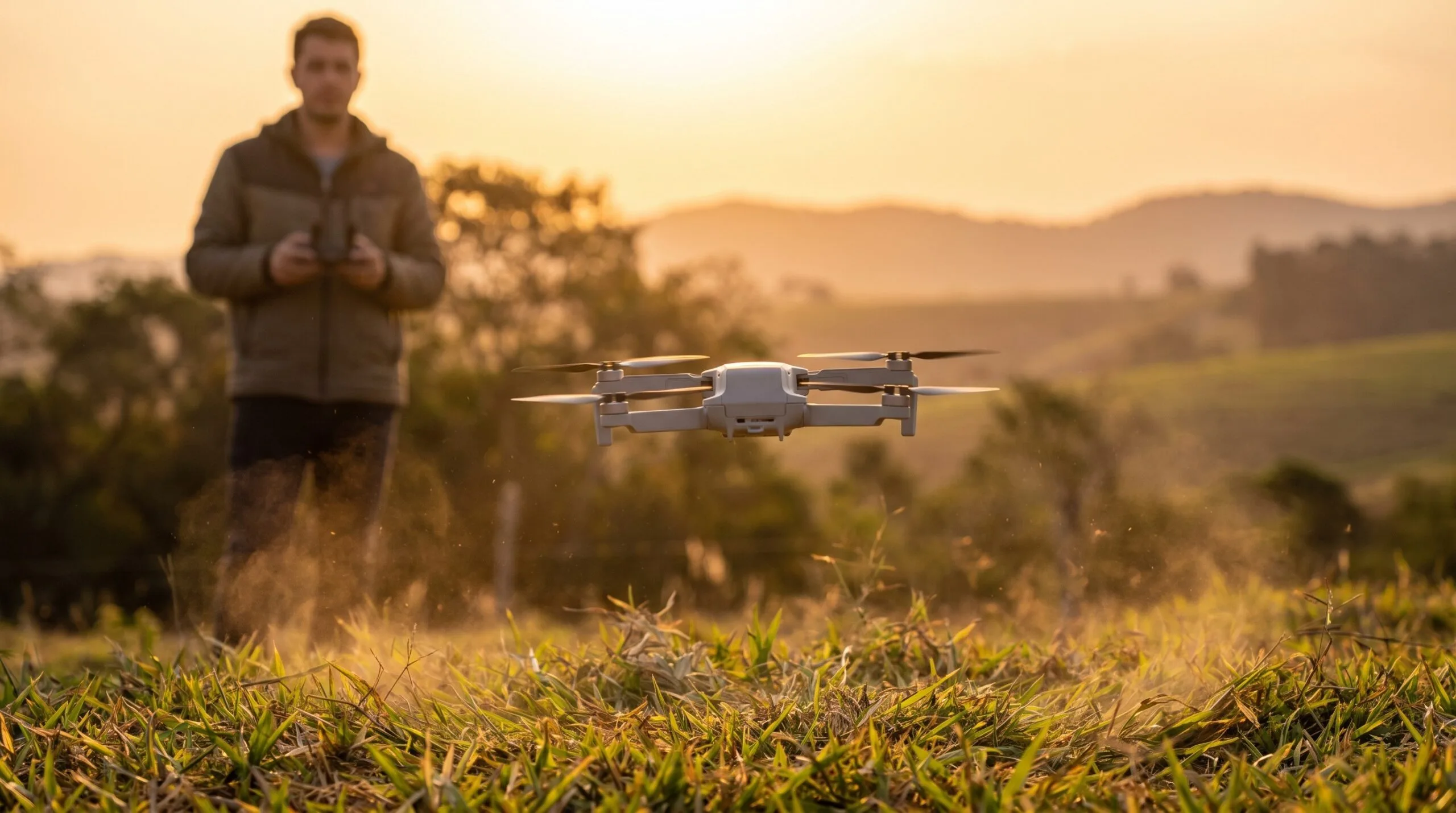 Drone decolando de um campo aberto no interior do Brasil ao entardecer, cenário típico de aprovação automática no SARPAS
