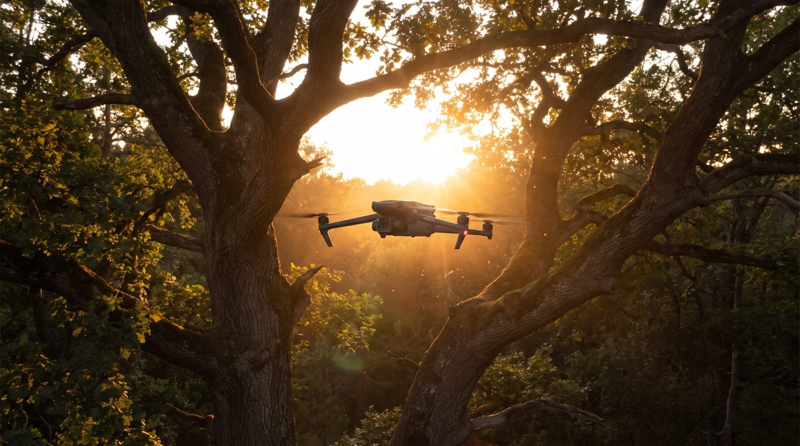 Drone DJI-style atravessando um vao largo entre duas arvores em direcao ao sol baixo