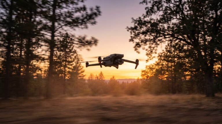 Drone DJI-style em voo rapido contra o por do sol com faixas de borrao de movimento ao fundo