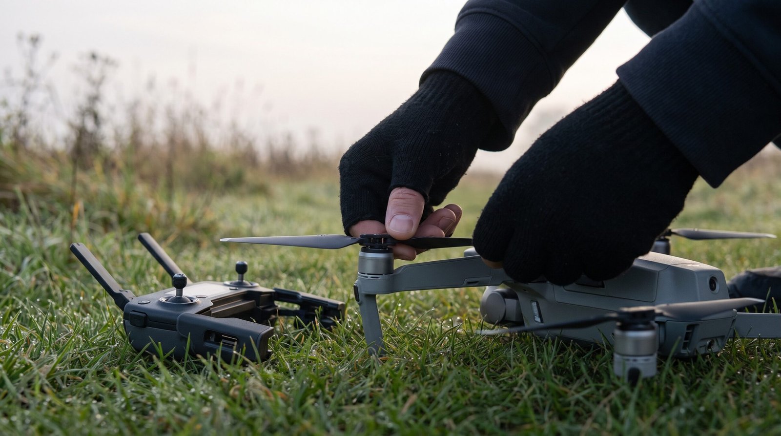 Piloto reencaixando a hélice de um drone DJI no campo antes de decolar