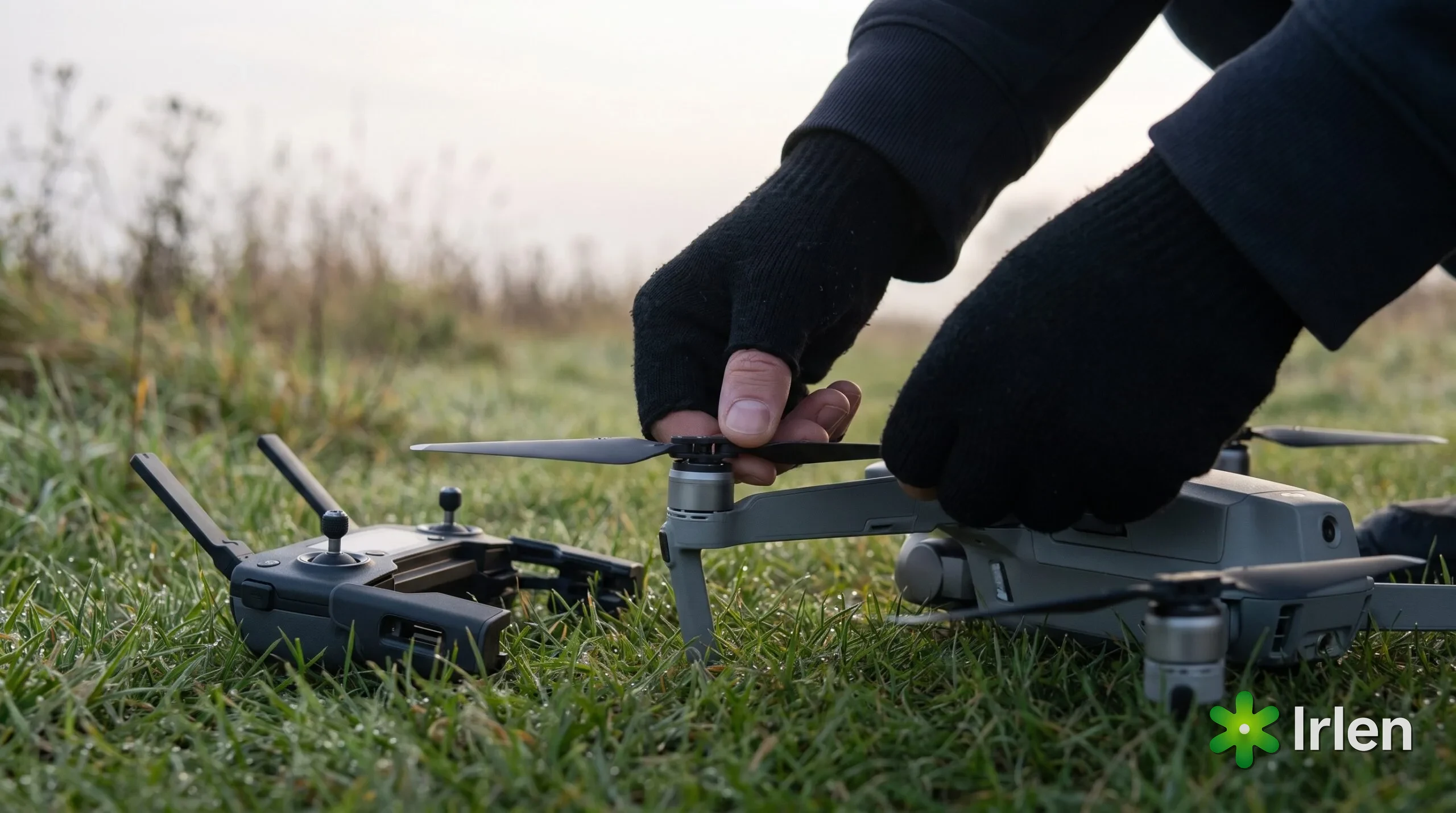 Piloto reencaixando a hélice de um drone DJI no campo antes de decolar