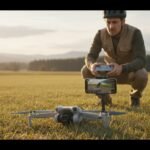 Drone DJI parado na grama sem decolar com piloto conferindo o controle