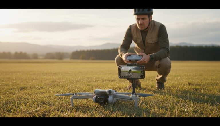 Drone DJI parado na grama sem decolar com piloto conferindo o controle