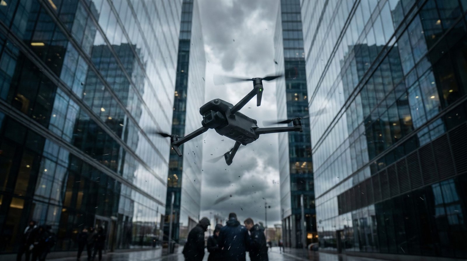 Drone DJI voando em modo ATTI entre prédios com vento