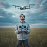 Piloto observando drone DJI pairando sob céu aberto, tema GPS e modo ATTI