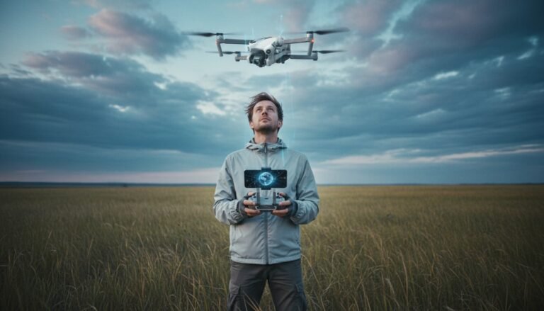 Piloto observando drone DJI pairando sob céu aberto, tema GPS e modo ATTI