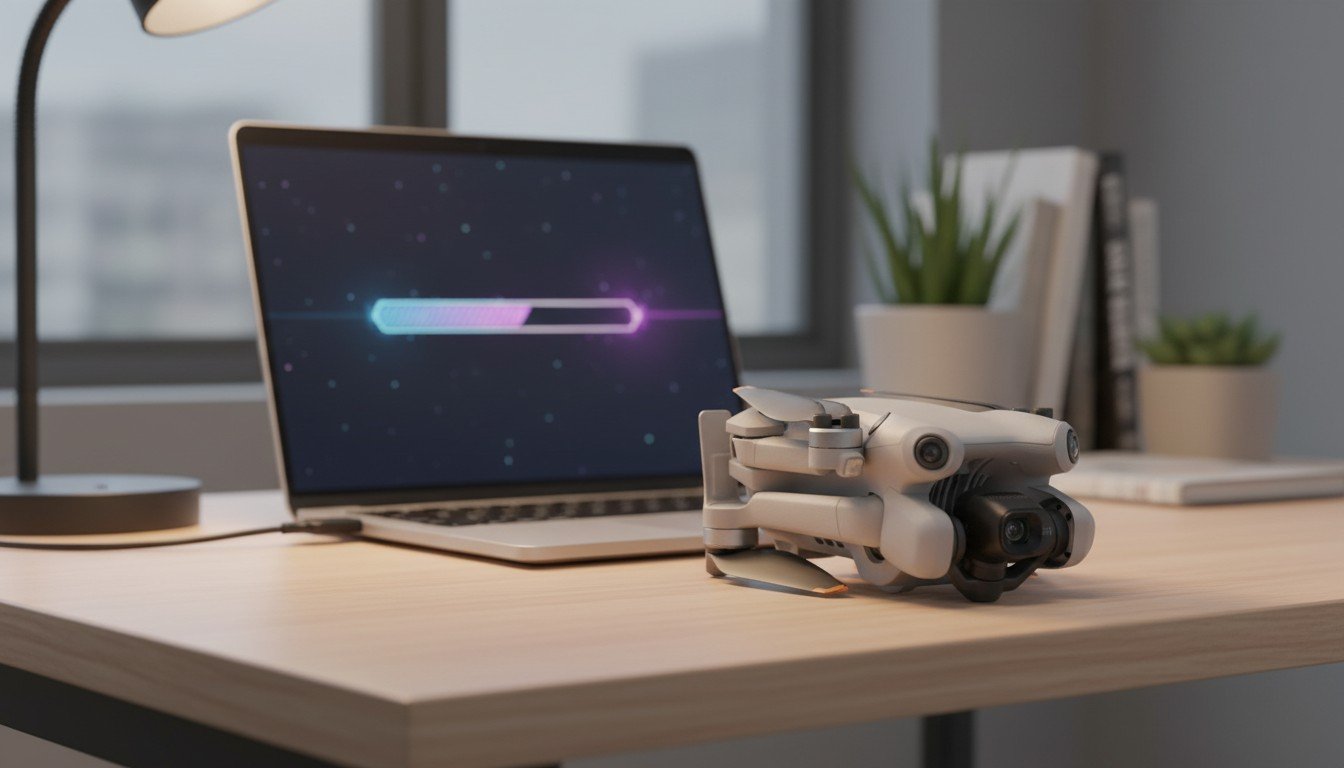 Drone DJI dobrado conectado ao notebook por cabo USB para atualizar firmware
