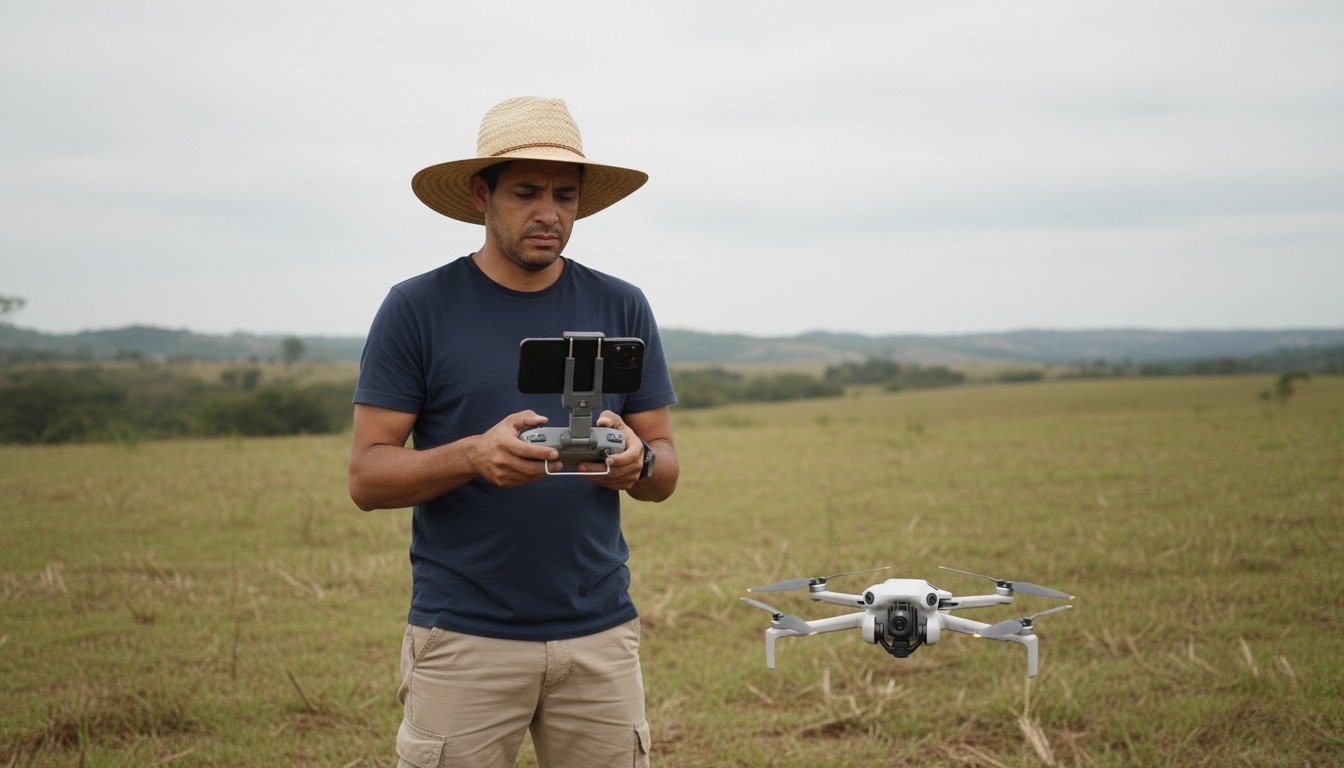 Piloto com tela preta no celular do controle do drone no campo