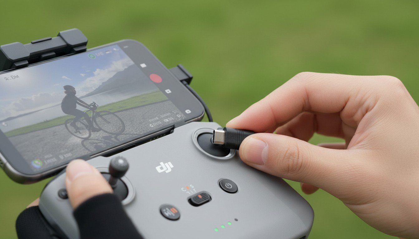 Mãos reencaixando o cabo USB entre celular e controle do drone