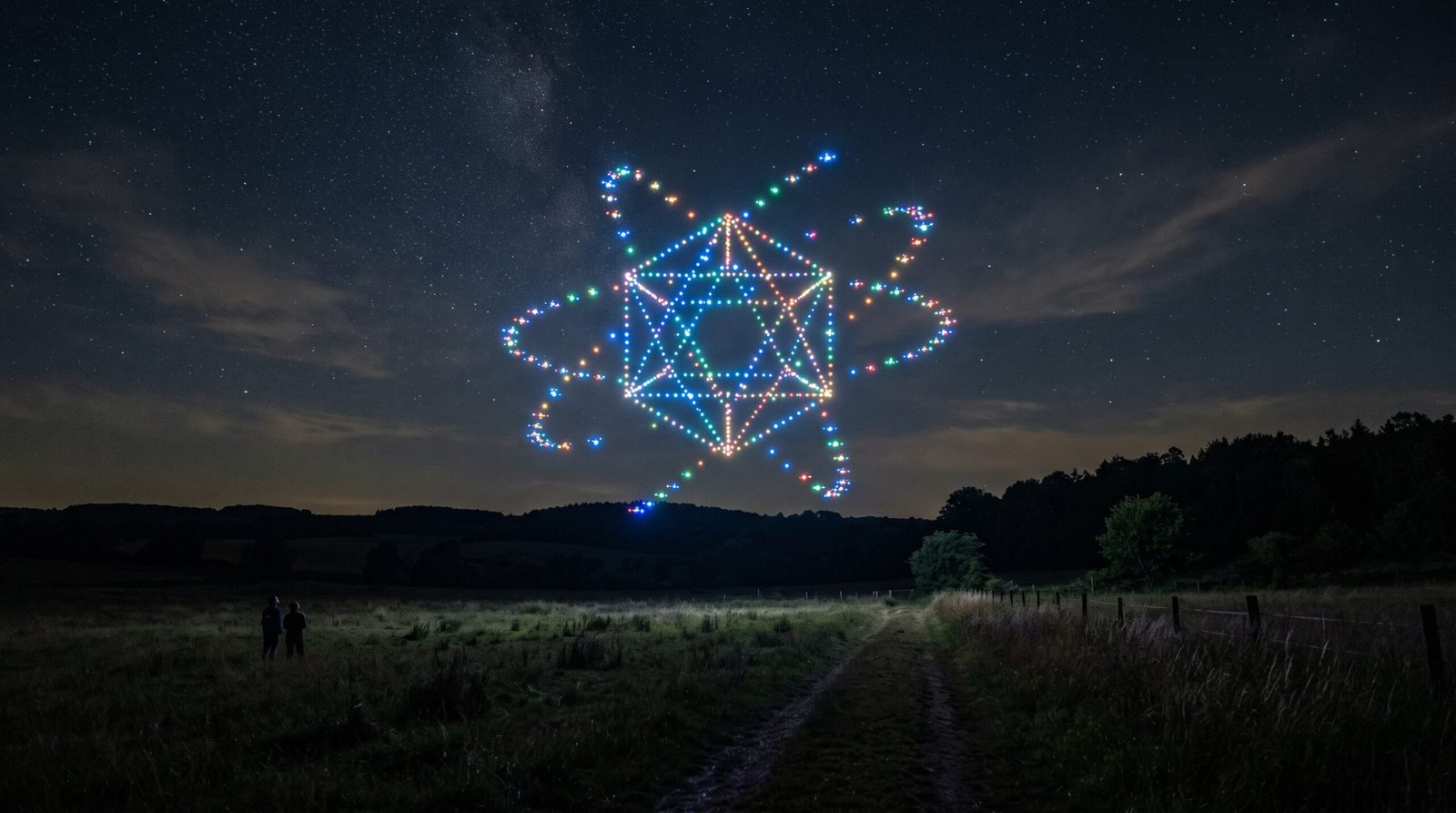 Dezenas de drones luminosos em formacao no ceu noturno