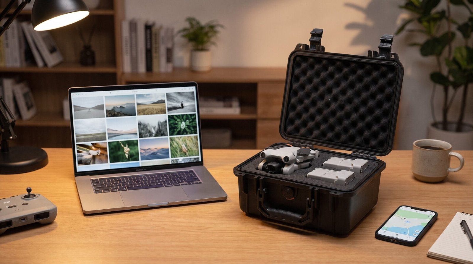 Mesa de trabalho com case de equipamento aberto, controle e notebook mostrando uma selecao de fotos