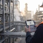 Tecnico com controle de drone em area industrial