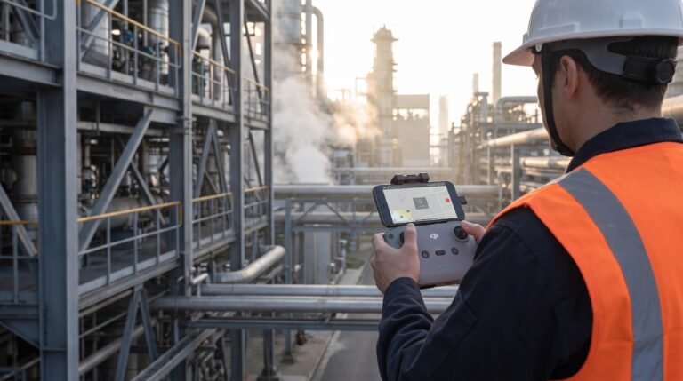 Tecnico com controle de drone em area industrial