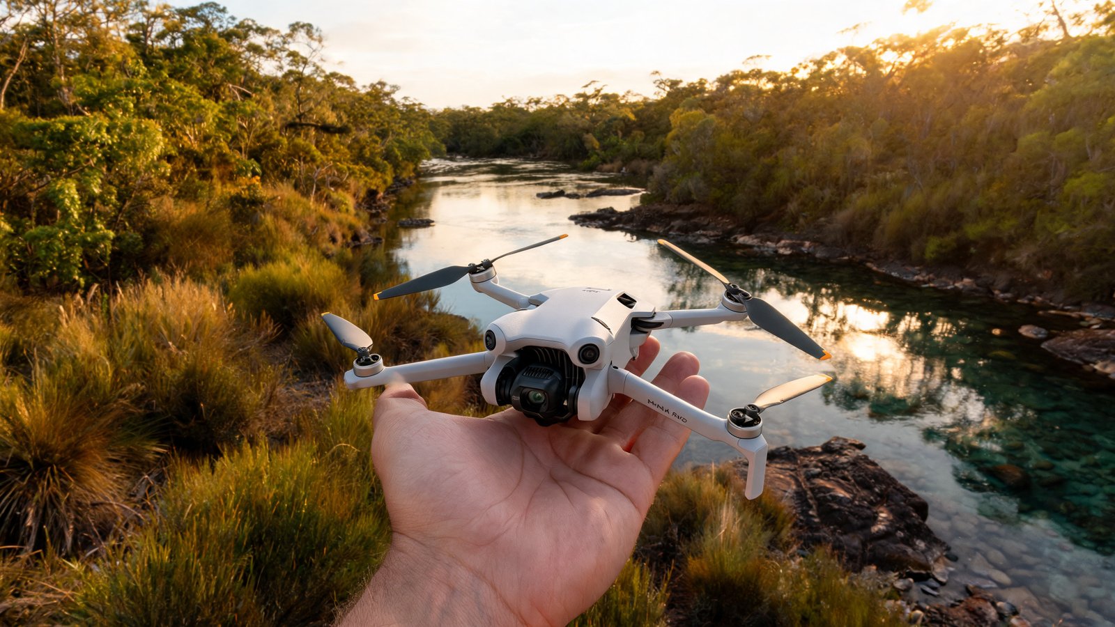 Mao segurando um drone DJI Mini 4 Pro perto de um rio cristalino em Bonito