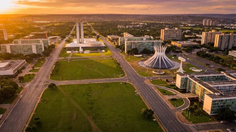 Vista aerea do Eixo Monumental e dos predios modernistas de Brasilia ao entardecer