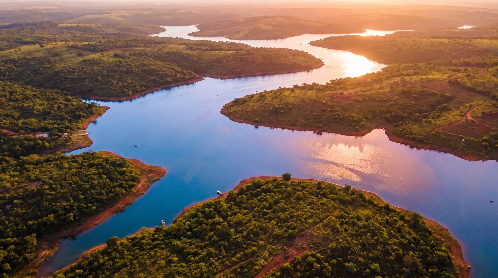 Foto aerea do Lago Corumba perto de Caldas Novas ao entardecer