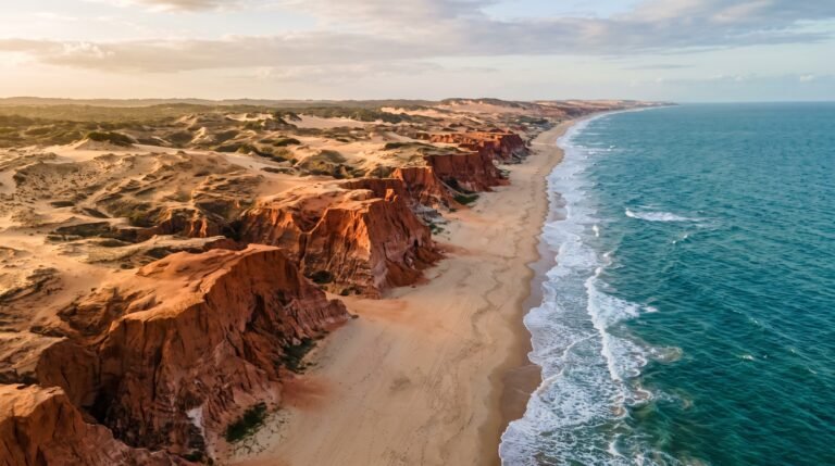 Vista aerea das falesias avermelhadas e da praia larga de Canoa Quebrada