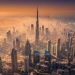 Vista aerea do skyline de Dubai ao entardecer com o deserto ao fundo