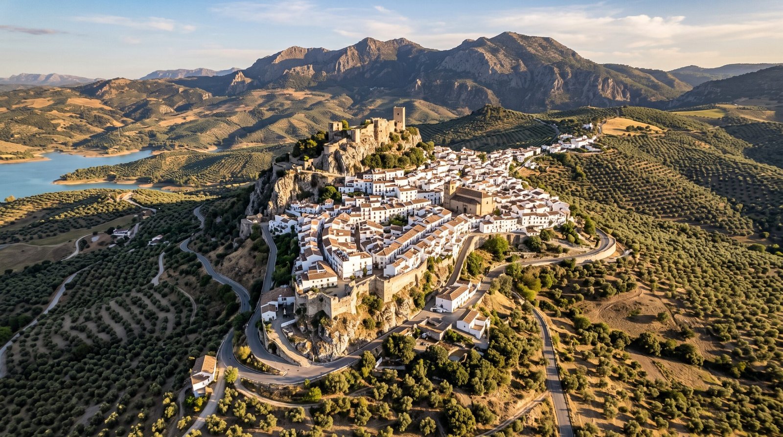 Foto aerea de um vilarejo branco da Andaluzia cercado de oliveiras