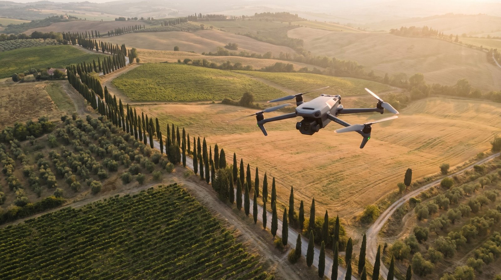 Drone DJI-style voando sobre as colinas da Toscana na Italia
