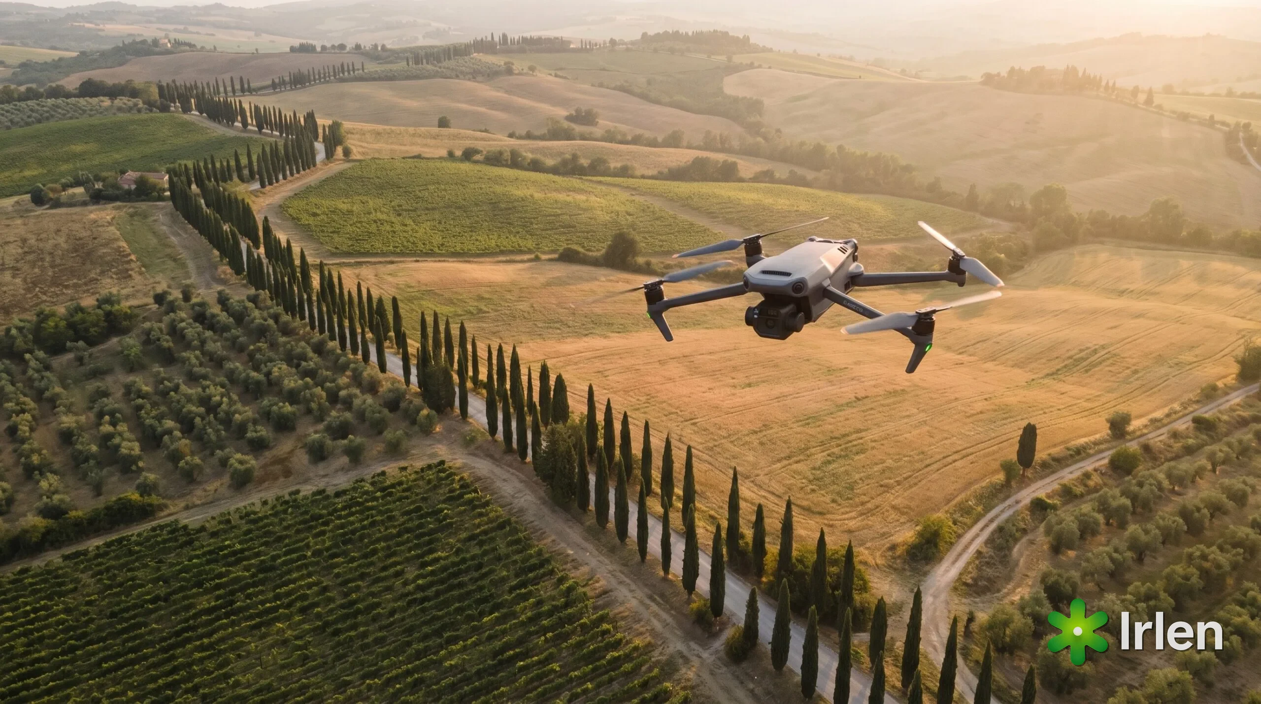 Drone DJI-style voando sobre as colinas da Toscana na Italia