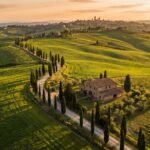 Vista aerea das colinas e ciprestes da Toscana na Italia ao entardecer