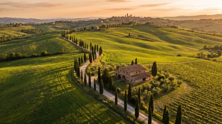 Vista aerea das colinas e ciprestes da Toscana na Italia ao entardecer