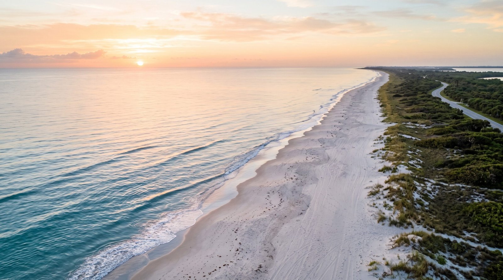 Foto aerea de uma praia vazia da Florida ao amanhecer