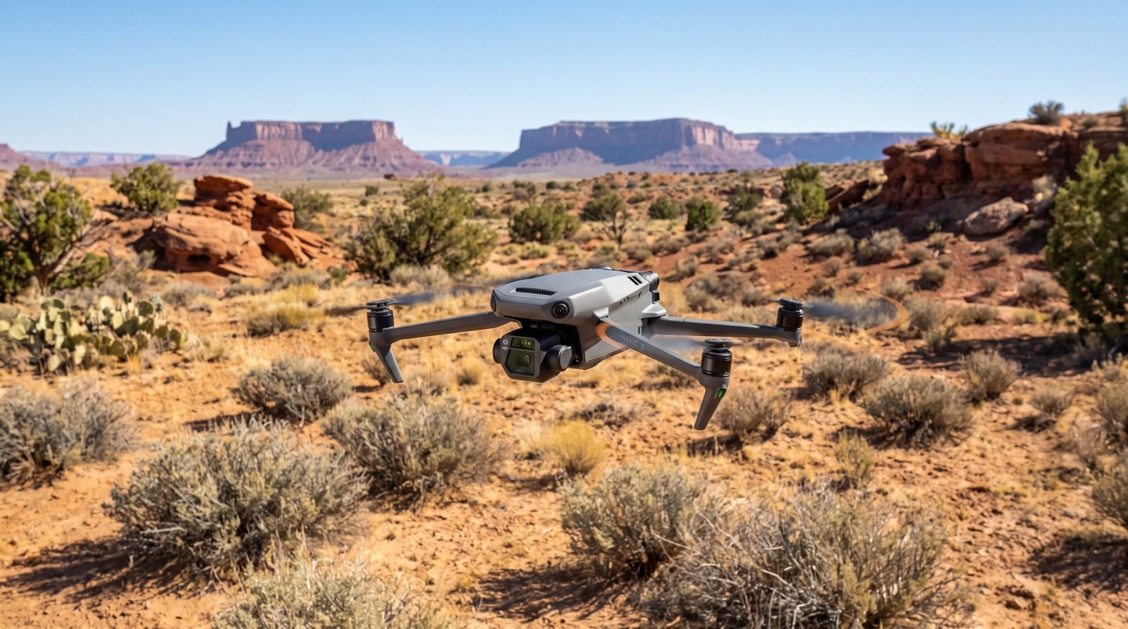 Drone DJI-style voando sobre area aberta de deserto no sudoeste americano