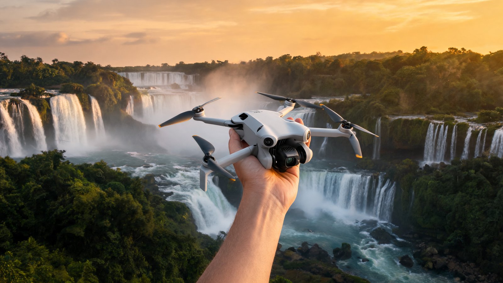 Mao segurando um drone DJI Mini 4 Pro perto das Cataratas do Iguacu