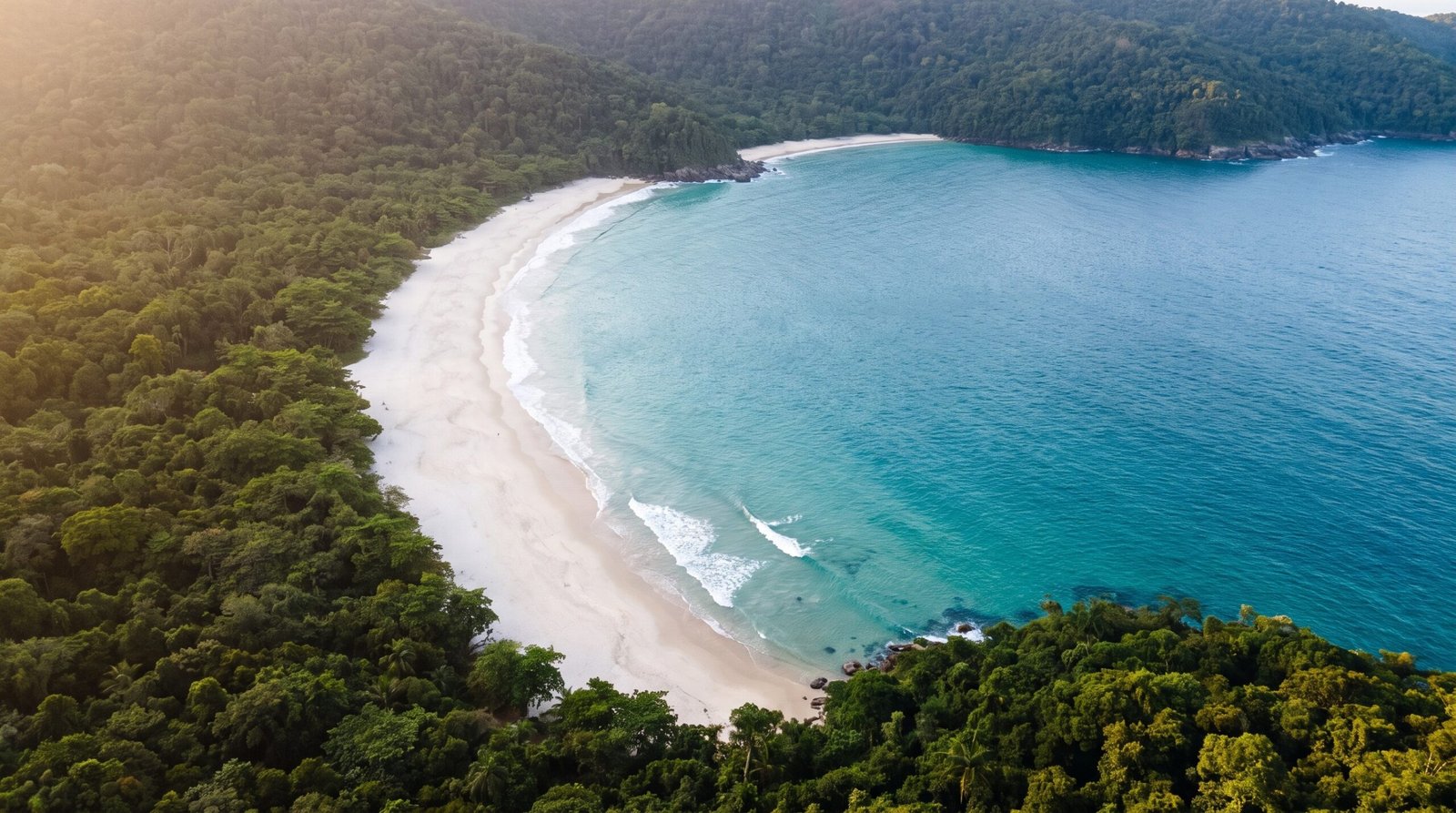 Foto aerea de uma praia longa e vazia da Ilha Grande com mata atlantica ao fundo