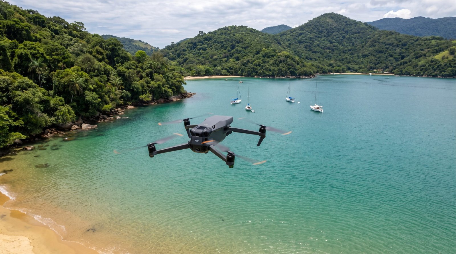 Drone DJI-style voando sobre uma enseada tranquila da Ilha Grande