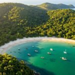 Vista aerea de uma enseada da Ilha Grande com mata atlantica e barcos ancorados