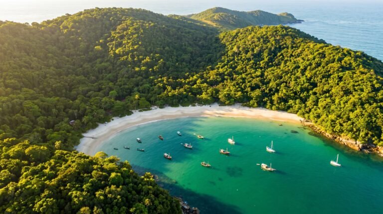 Vista aerea de uma enseada da Ilha Grande com mata atlantica e barcos ancorados