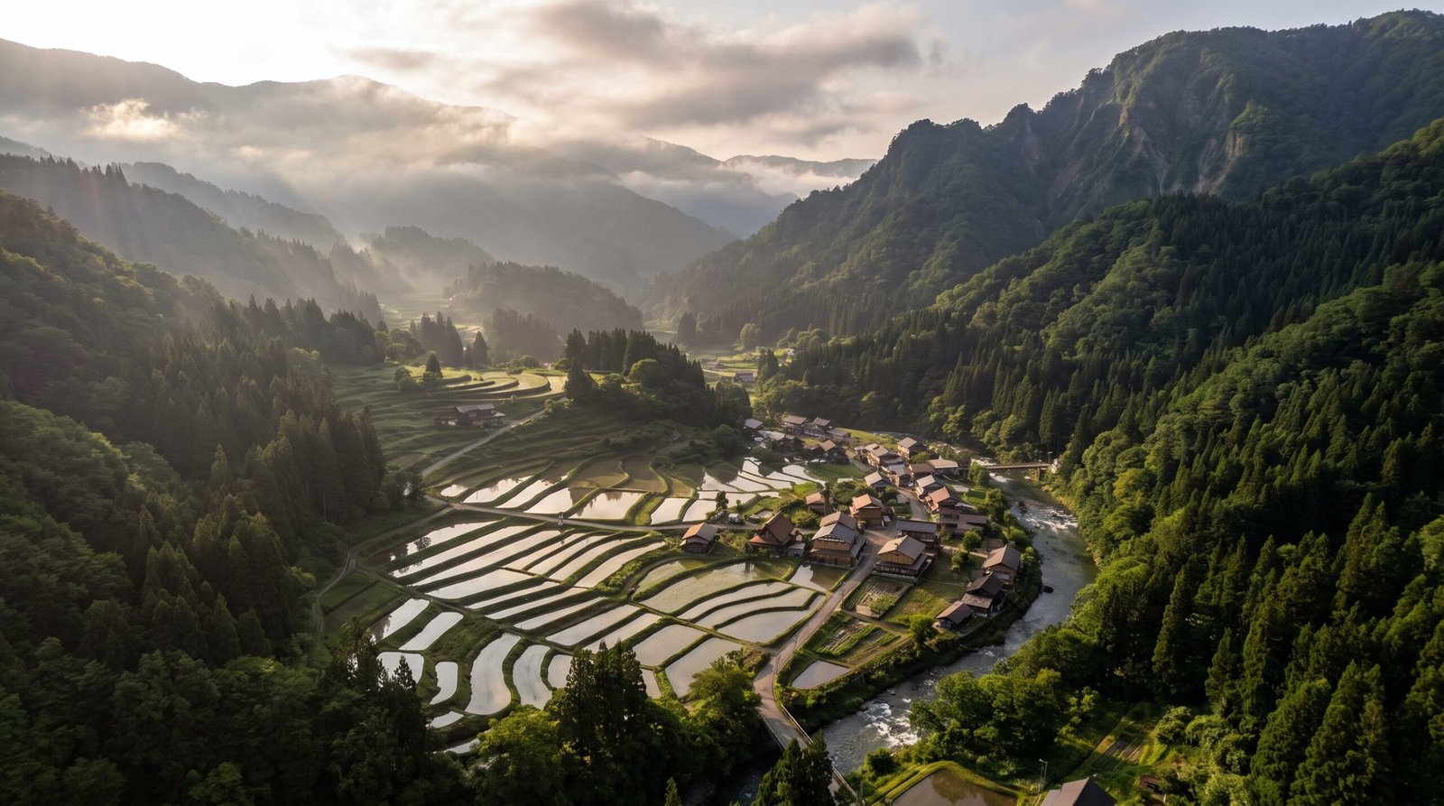 Foto aerea de um vale rural nos Alpes japoneses com arrozais e vilarejo