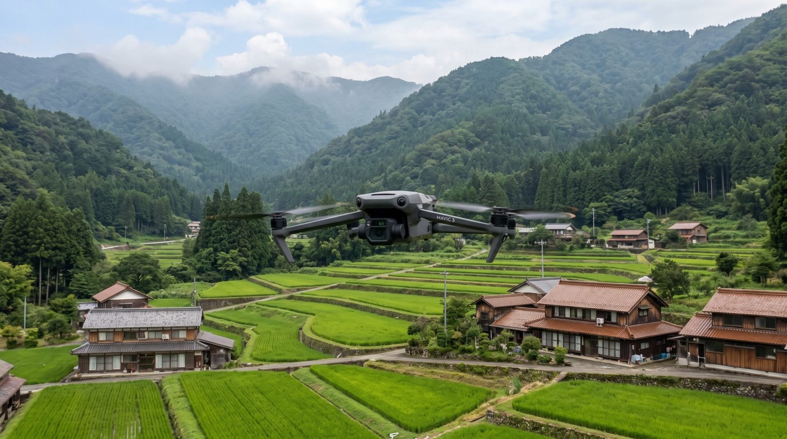 Drone DJI-style voando sobre o campo japones com arrozais e montanhas