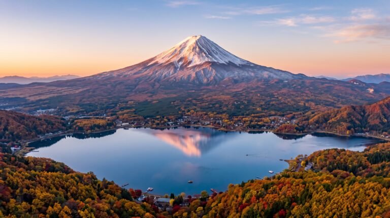 Vista aerea do Monte Fuji no Japao ao amanhecer com lago e floresta