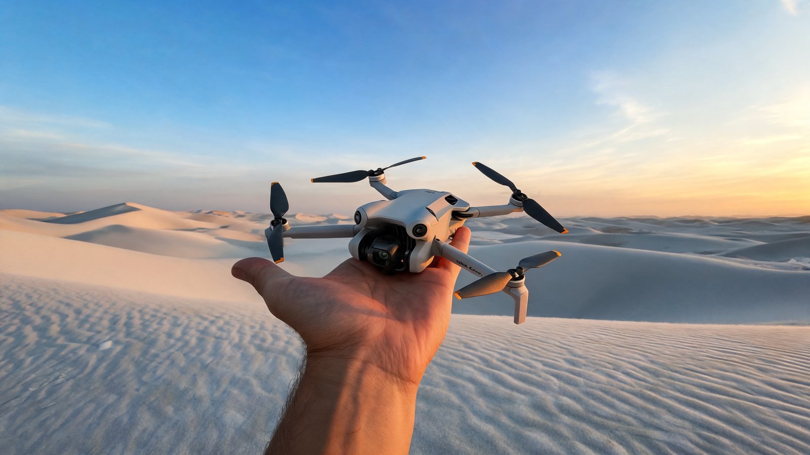 Mao segurando um drone DJI Mini 4 Pro em cima de uma duna nos Lencois Maranhenses