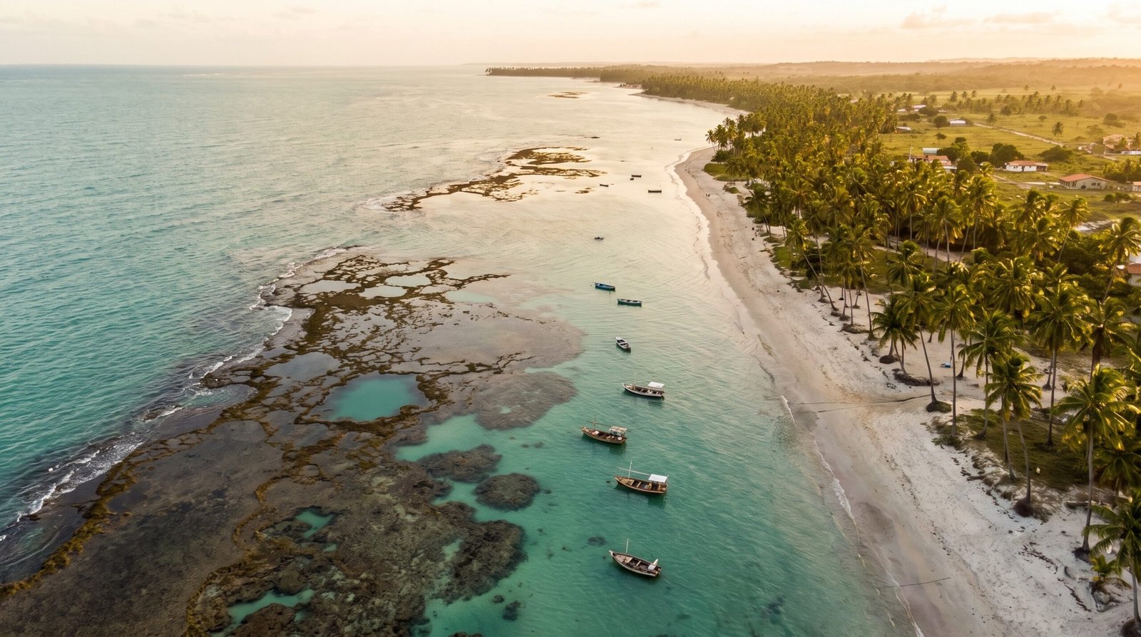 Foto aerea da praia de Maragogi com mar turquesa e recifes ao entardecer