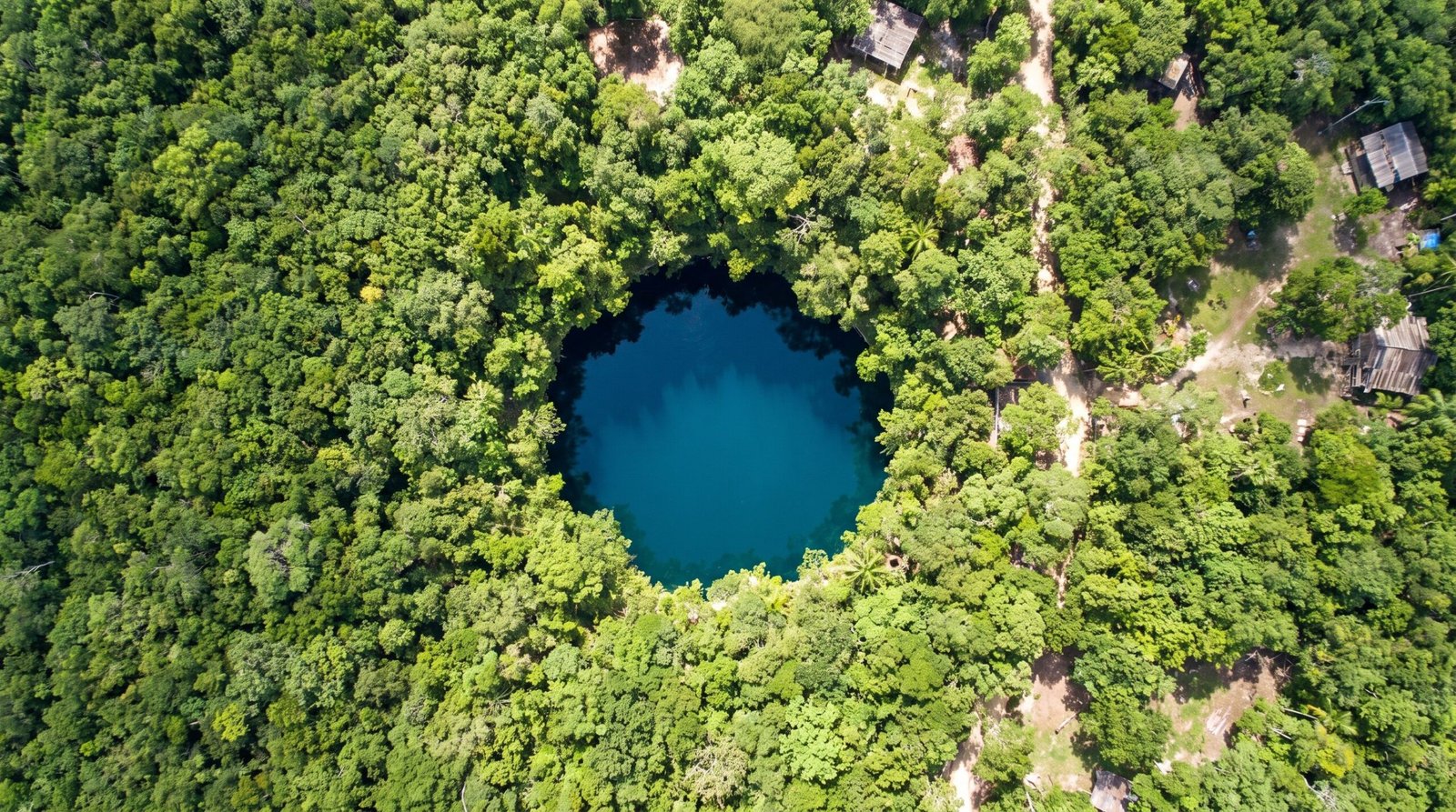 Foto aerea de um cenote cercado de selva em Yucatan no Mexico