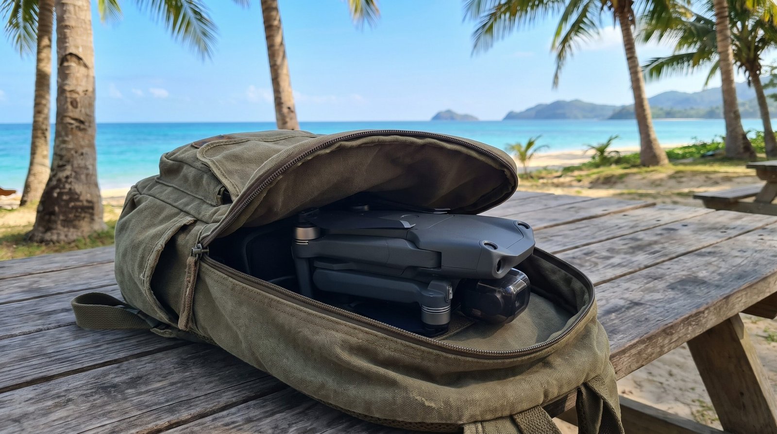 Drone DJI-style dobrado dentro da mochila com a praia ao fundo, sem voar