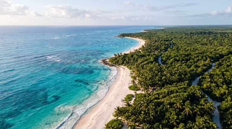 Vista aerea da costa da Riviera Maya no Mexico com agua turquesa e selva