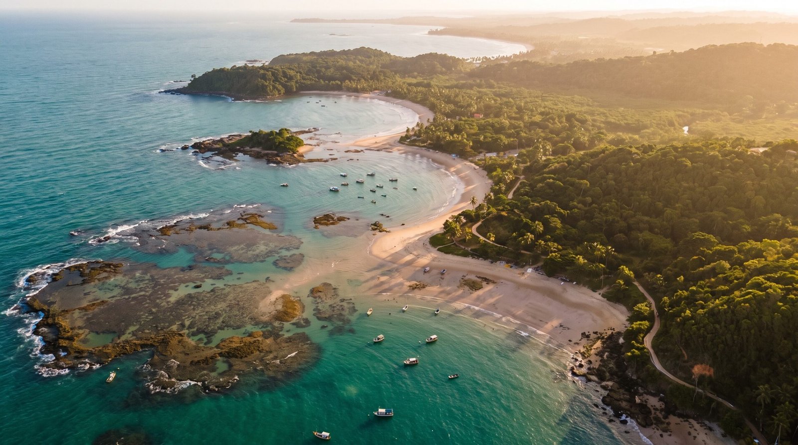 Foto aerea das praias e do mar turquesa de Morro de Sao Paulo ao entardecer