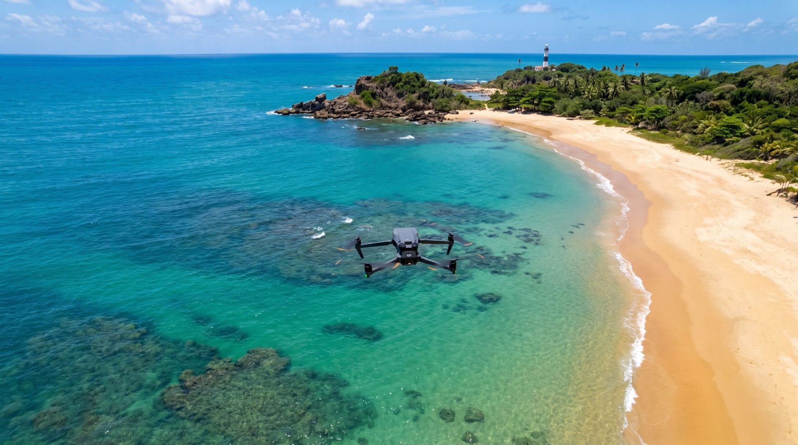 Drone DJI-style voando alto sobre o mar e uma praia vazia de Morro de Sao Paulo