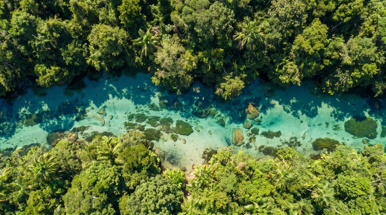 Foto aerea vertical de um rio transparente com o fundo de areia visivel